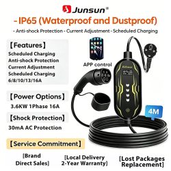 Junsun Typ 2 App-gesteuertes tragbares EV-Ladegerät 6 8 10 13 16 20 24 32A Einstellbarer Strom IP65 Wasserdicht 3 6KW 7KW Kompatibel mit geplanter Ladefunktion Touch-Button-Bedienfeld 2 Jahre Garantie