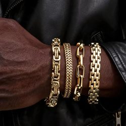 Goldfarbenes Herren-Kettenarmband, Hip-Hop Edelstahl Chunky Chain Armband, Rock Punk Schmuck Geschenk für Vater Sohn BBF Ihn