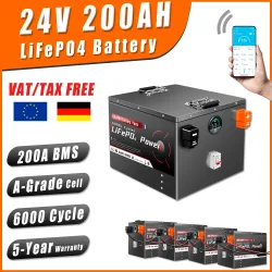 24V 100Ah 200Ah LiFePO4 Batteriepack mit Bluetooth BMS, Klasse A, 6000+ Deep-Cycle-Zyklen für Solar-Heimspeicher, Wohnmobile, Boote, Wechselrichter, PV