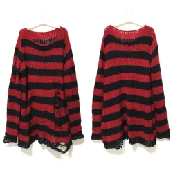 Neue Punk Gothic Lange Unisex Pullover Sommer Frauen Gestreiften Kühlen Aushöhlen Loch Gebrochen Jumper Lose Rock Dünne Dark Streetwear Top