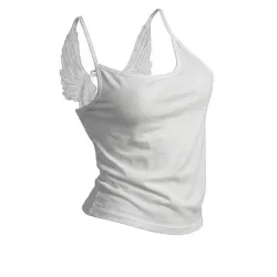 Engelsflügel-Weste mit 3D-Prägung, bestickte Flügel, Spaghettiträger-Weste, Y2K Gothic Mode für Damen, Sommer, sexy, schmal geschnittenes, rückenfreies kurzes Top