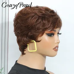 Kurze Perücken für Frauen Pixie-Cut Echthaar-Perücken Kurze geschichtete Pixie-Perücke mit Pony Klebefreie, vollständig maschinell gefertigte Perücke in Schokoladenbraun 4 #