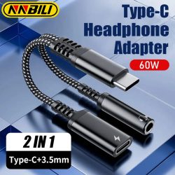 NNBILI 2-in-1 USB Typ-C zu 3,5mm Kopfhörer-Audio-Aux-Adapter PD 60W Schnellladekabel für iPhone 15 Samsung Xiaomi