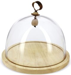 Holzplatte mit Glasglocke, H:25cm, Ø30.5cm, klar