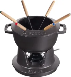 Fondue-Set STAUB Schwarz Gusseisen/Holz - Material: Holz/Gusseisen - Fondue-Set