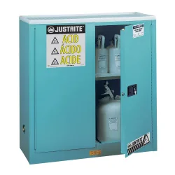 Justrite FM-Chemikalienschrank Classic Sure-Grip® EX, für Ätzmittel, bis 114 Liter, manuell schliessende Türen, blau