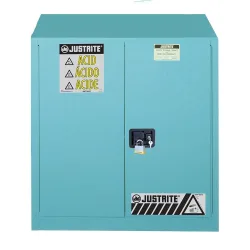 Justrite FM-Chemikalienschrank Classic Sure-Grip® EX, für Ätzmittel, bis 114 Liter, selbstschliessende Türen, blau