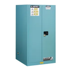 Justrite FM-Chemikalienschrank Classic Sure-Grip® EX, für Ätzmittel, bis 227 Liter, manuell schliessende Türen, blau