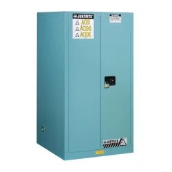 Justrite FM-Chemikalienschrank Classic Sure-Grip® EX, für Ätzmittel, bis 341 Liter, selbstschliessende Türen, blau