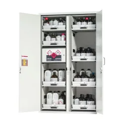 asecos® Säuren- u. Chemikalienschrank CLASSIC, HxBxT 1.965 x 1.197 x 603 mm, 8x Tablarauszug mit PP-Wanne, 1x Einbaufach mit PE-Wanne, lichtgrau