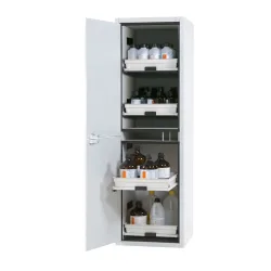 asecos® Säuren- u. Chemikalienschrank CLASSIC, HxBxT 1.965 x 597 x 603 mm, 4x Tablarauszug mit PP-Wanne, lichtgrau