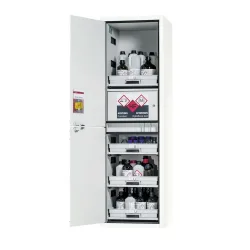 asecos® Säuren- u. Chemikalienschrank CLASSIC, HxBxT 1.965 x 597 x 603 mm, 4x Tablarauszug mit PP-Wanne, 1x Einbaufach mit PE-Wanne, laborweiss