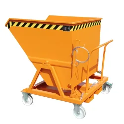 Späne-Kippmulde Bauer SKS 700, Stahl, orange, B 1345 x T 1200 x H 1275 mm, 700 l, bis 1000 kg, Rollen, Ablasshahn, Manuelle Kippvorrichtung