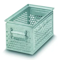 Drehstapelbehälter aus Stahlblech, mit grober Lochung Ø 10 mm, HxBxT 200 x 500 x 300 mm