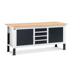 Fami Werkbank, höhenverstellbar, 4 Schubladen u. 2 Schränke, TK 1.000 kg, HxBxT 740-1.110 x 2.000 x 750 mm, RAL 7035 lichtgrau / RAL 7016 anthrazitgrau