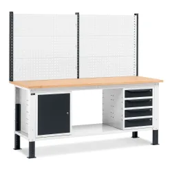 Fami Werkbank, höhenverstellbar, mit Multifunktionswand, 4 Schubladen u. Schrank, TK 1.000 kg, HxBxT 740-1.110 x 2.000 x 750 mm, RAL 7035 lichtgrau / RAL 7016 anthrazitgrau