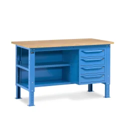 Fami Werkbank, höhenverstellbar, 4 Schubladen, Rückwand u. 2 Fachböden, TK 1.000 kg, HxBxT 740-1.110 x 1.500 x 750 mm, RAL 5012 lichtblau