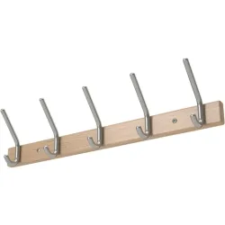 Wandgarderobe, 5 Hut-/5 Mantelhaken Länge 700 mm, Holzprofil Buche, Hakenabstand 150 mm Haken Alu