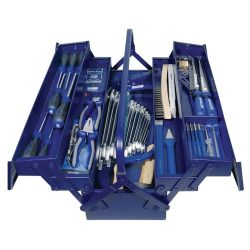 Werkzeugkasten, inkl. Werkzeugsortiment, 60-tlg., B 530 x T 200 x H 200 mm, Stahlblech, blau