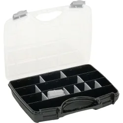 Raaco Allzweckkoffer Assorter A 47, mit 21 losen Trennwänden, B 460 x T 350 x H 81 mm, aus Polycarbonat/Polypropylen, transparent/schwarz