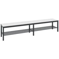 Umkleidebank Basic Plus, für Feuchträume, ohne Rückenlehne, 6-Fussgestell schwarzgrau RAL 7021, mit Schuhrost, B 1960 mm, Dekor weiss