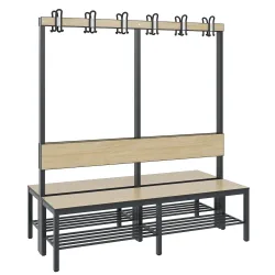 C+P Umkleidesitzbank Basic Plus, Länge 1.500 mm, doppelseitig, mit Rückenlehne, 2x6 Doppelhaken, inkl. Schuhrost, schwarzgrau/Eiche Sereno