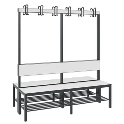 C+P Umkleidesitzbank Basic Plus, Länge 1.500 mm, doppelseitig, mit Rückenlehne, 2x6 Doppelhaken, inkl. Schuhrost, schwarzgrau/weiss