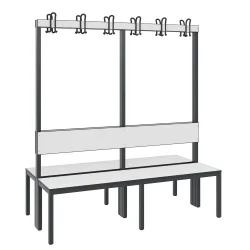 C+P Umkleidesitzbank Basic Plus, Länge 1.500 mm, doppelseitig, mit Rückenlehne, 2x6 Doppelhaken, schwarzgrau/weiss