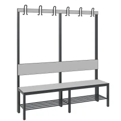 C+P Umkleidesitzbank Basic Plus, Länge 1.500 mm, einseitig, mit Rückenlehne, 6 Doppelhaken, inkl. Schuhrost, schwarzgrau/silbergrau