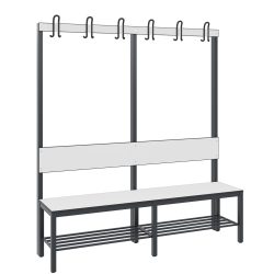 C+P Umkleidesitzbank Basic Plus, Länge 1.500 mm, einseitig, mit Rückenlehne, 6 Doppelhaken, inkl. Schuhrost, schwarzgrau/weiss