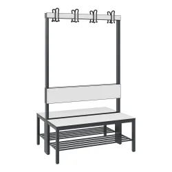 C+P Umkleidesitzbank Basic Plus, Länge 1.000 mm, doppelseitig, mit Rückenlehne, 2x4 Doppelhaken, inkl. Schuhrost, schwarzgrau/weiss