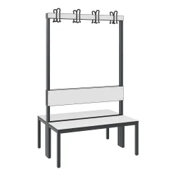 C+P Umkleidesitzbank Basic Plus, Länge 1.000 mm, doppelseitig, mit Rückenlehne, 2x4 Doppelhaken, schwarzgrau/weiss