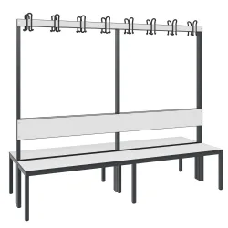 C+P Umkleidesitzbank Basic Plus, Länge 1.960 mm, doppelseitig, mit Rückenlehne, 2x8 Doppelhaken, schwarzgrau/weiss