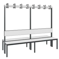 C+P Umkleidesitzbank Basic Plus, Länge 1.960 mm, doppelseitig, mit Rückenlehne, 2x8 Doppelhaken, schwarzgrau/weiss