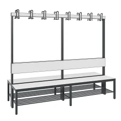Garderobenbank Basic Plus, 2-seitig, Rückenlehne, mit Schuhrost, Fussgestell schwarzgrau RAL 7021, B 1960 mm, Dekor weiss