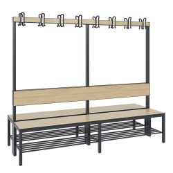 C+P Umkleidesitzbank Basic Plus, Länge 1.960 mm, doppelseitig, mit Rückenlehne, 2x8 Doppelhaken, inkl. Schuhrost, schwarzgrau/Eiche Sereno