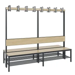 C+P Umkleidesitzbank Basic Plus, Länge 1.960 mm, doppelseitig, mit Rückenlehne, 2x8 Doppelhaken, inkl. Schuhrost, schwarzgrau/Eiche Sereno