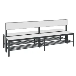 Sitzbank Basic Plus, 2-seitig, mit Rückenlehne & Schuhrost, 4-Fussgestell schwarzgrau RAL 7021, B 1960 mm, Dekor weiss