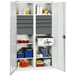 stumpf® Werkstatt-Flügeltürschrank mit 8 Schubladen + 6 Wannen + Trennwand, HxBxT 1.800 x 1.000 x 500 mm, lichtgrau
