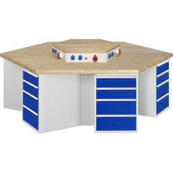 RAU Gruppenwerkbank Serie 4000, Energieaufsatz, 6 Container, HxBxT 850 x 2.700 x 2.340 mm, 24 x 100%-Auszug-Schubladen mit ErgoScript® 12 x 150 mm, 12 x 210 mm