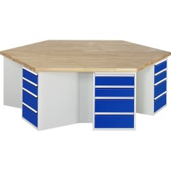 RAU Gruppenwerkbank Serie 4000, 6 Container, HxBxT 850 x 2.700 x 2.340 mm, 24 x 100%-Auszug-Schubladen mit ErgoScript® 12 x 150 mm, 12 x 210 mm