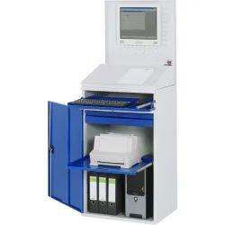 Computer-Arbeitsstation, Lochwand, Schreibpult, Ausziehboden, Schublade, Breite 650 mm, lichtgrau / enzianblau RAU