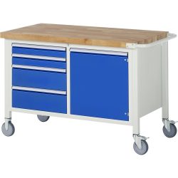 RAU mobile Werkbank Serie 8000, 1 Doppel-Container, 1 Flügeltür, HxBxT 880 x 1.250 x 700 mm, 4 x 100%-Auszug-Schubladen