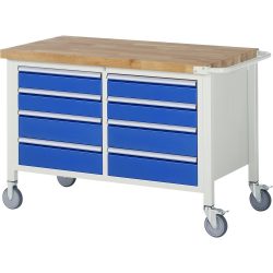 RAU mobile Werkbank Serie 8000, 1 Doppel-Container, HxBxT 880 x 1.250 x 700 mm, 8 x 100%-Auszug-Schubladen