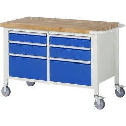RAU mobile Werkbank Serie 8000, 1 Doppel-Container, HxBxT 880-1.080 x 1.250 x 700 mm, 6 x 90%-Auszug-Schubladen