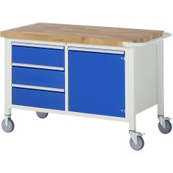 RAU mobile Werkbank Serie 8000, 1 Doppel-Container, 1 Flügeltür, HxBxT 880 x 1.250 x 700 mm, 3 x 100%-Auszug-Schubladen