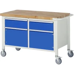 RAU mobile Werkbank Serie 8000, 1 Doppel-Container, 2 Flügeltüren, HxBxT 880 x 1.250 x 700 mm, 2 x 90%-Auszug-Schubladen, ErgoScript