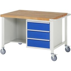 RAU mobile Werkbank Serie 8000, 1 Doppel-Container, 1 Ablageboden, HxBxT 880 x 1.250 x 900 mm, 3 x 100%-Auszug-Schubladen