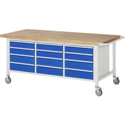 RAU mobile Werkbank Serie 8000, 1 Dreifach-Container, HxBxT 880-1.080 x 2.000 x 900 mm, 12 x 100%-Auszug-Schubladen
