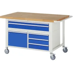 RAU mobile Werkbank Serie 8000, 1 Dreifach-Container, 1 Flügeltür, HxBxT 920 x 1.500 x 900 mm, 5 x 90%-Auszug-Schubladen